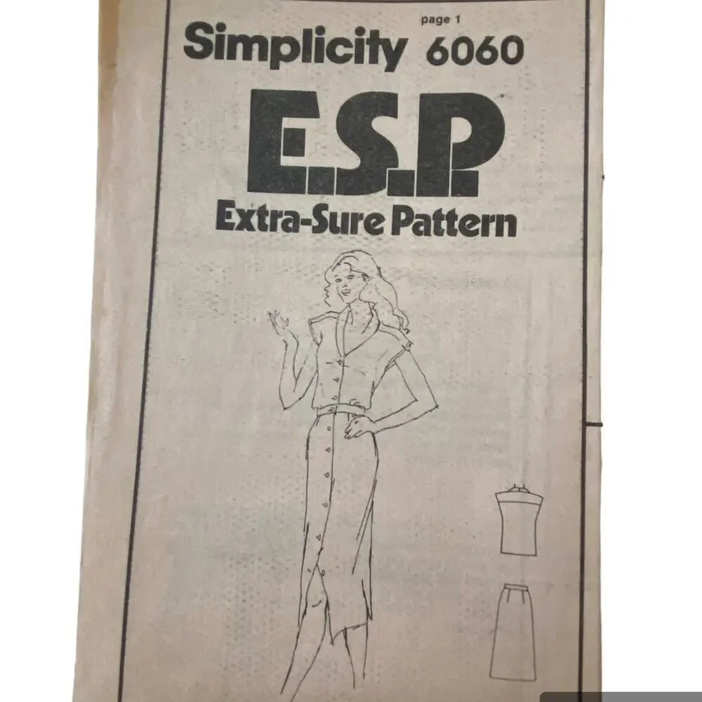 Vtg Top Skirt Pattern Miss 10-14 Simplicity 6060 Uncut FF Full Button Pencil